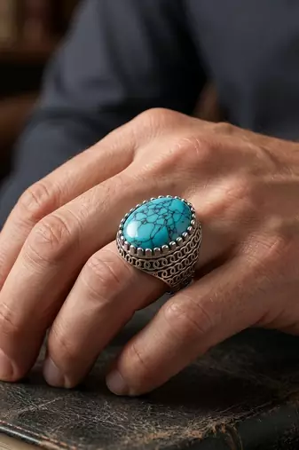 Brass silver natural turquoise firoza finger ring for men