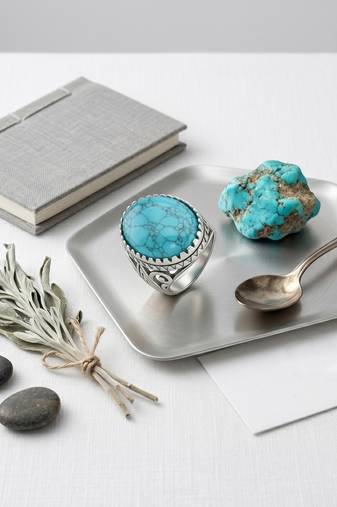 Brass silver natural turquoise firoza finger ring for men