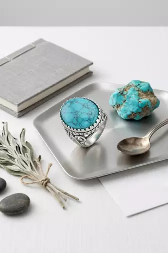 Brass silver natural turquoise firoza finger ring for men