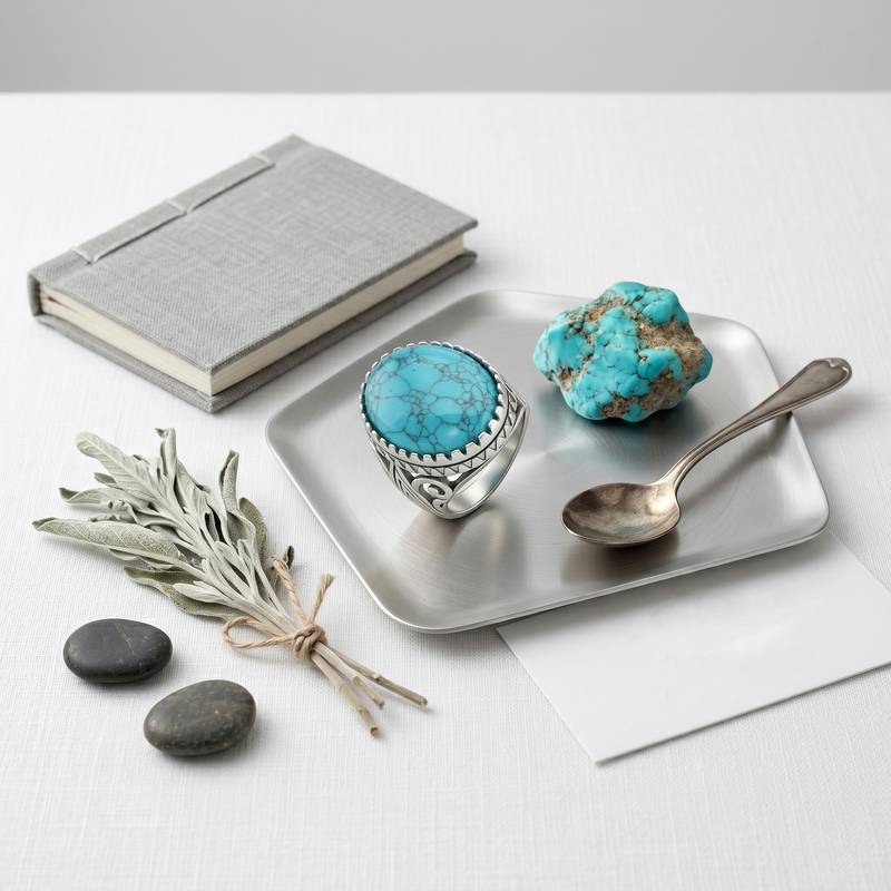 Brass silver natural turquoise firoza finger ring for men