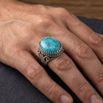 Brass silver natural turquoise firoza finger ring for men 4