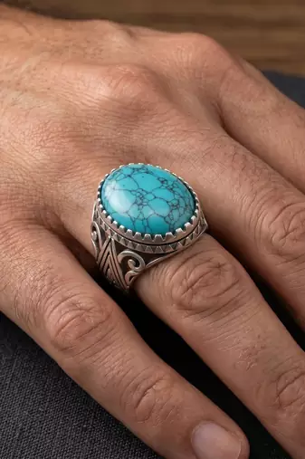 Brass silver natural turquoise firoza finger ring for men