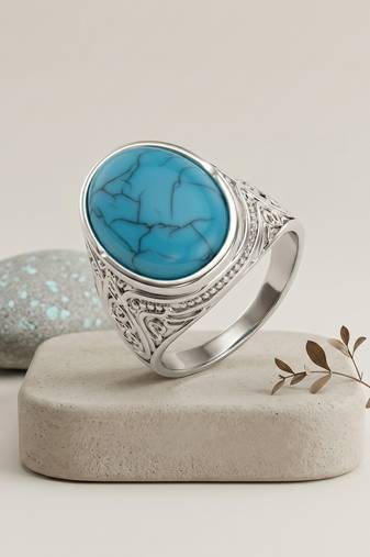 Brass silver natural turquoise firoza finger ring for men