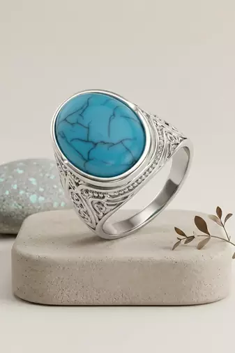 Brass silver natural turquoise firoza finger ring for men