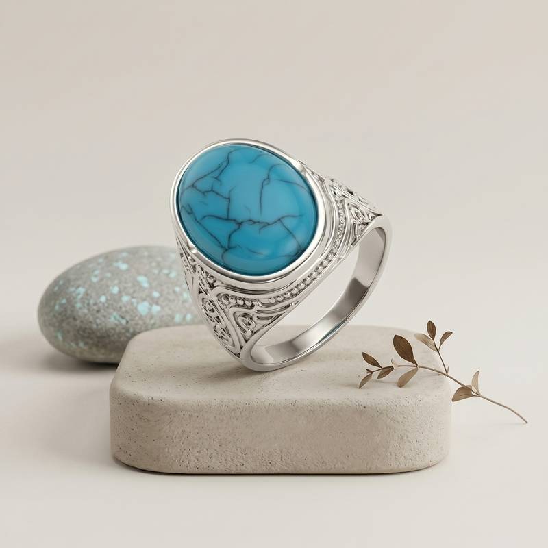Brass silver natural turquoise firoza finger ring for men