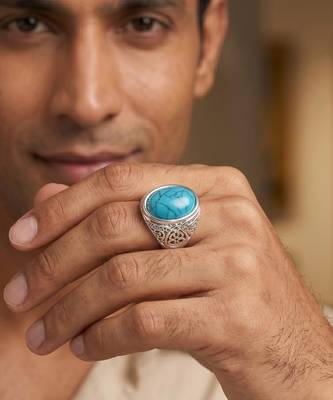 Brass silver natural turquoise firoza finger ring for men 4