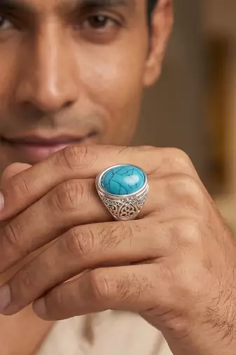 Brass silver natural turquoise firoza finger ring for men