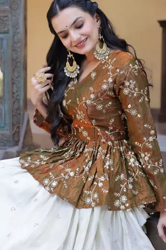 Womens Bollywood Style Zari Embroidered with Mirror Lace Embellished work Lehenga Choli