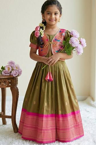 Soft paithani silk zari weaving pavadai for kids gown & koti