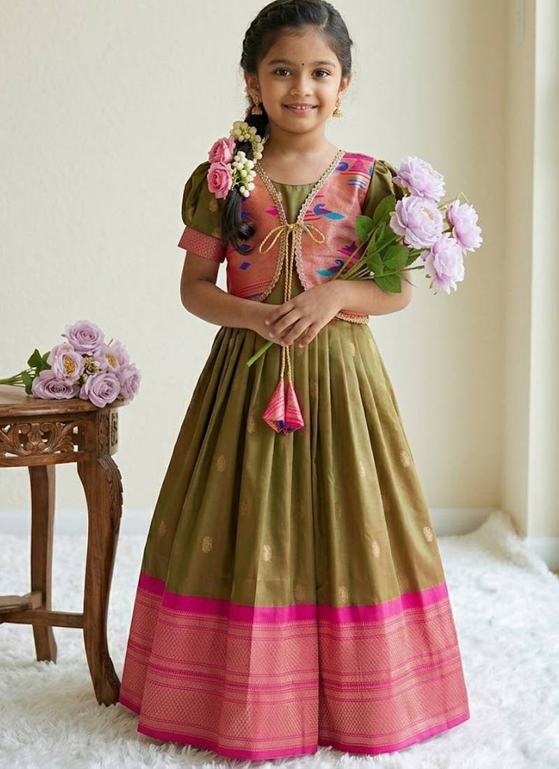 Soft paithani silk zari weaving pavadai for kids gown & koti