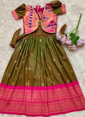Soft paithani silk zari weaving pavadai for kids gown & koti 2