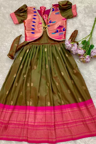 Soft paithani silk zari weaving pavadai for kids gown & koti