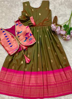 Soft paithani silk zari weaving pavadai for kids gown & koti 3
