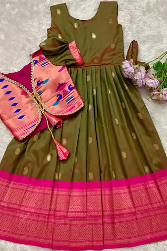 Soft paithani silk zari weaving pavadai for kids gown & koti