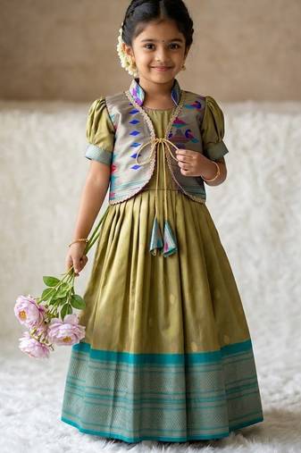 Soft paithani silk zari weaving pavadai for kids gown & koti