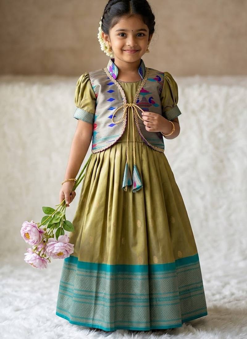 Soft paithani silk zari weaving pavadai for kids gown & koti