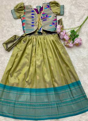 Soft paithani silk zari weaving pavadai for kids gown & koti 2