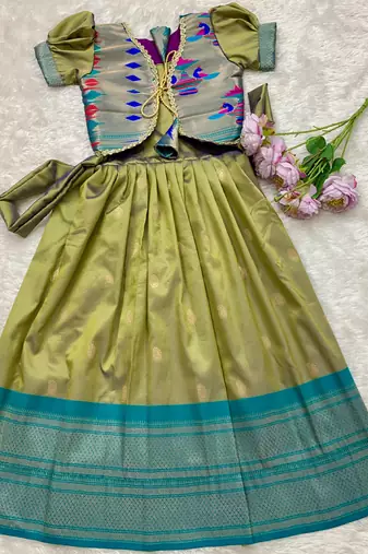 Soft paithani silk zari weaving pavadai for kids gown & koti