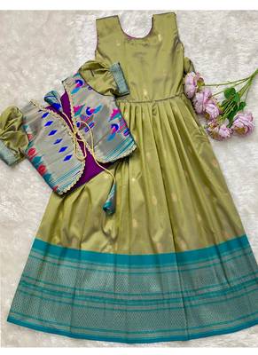 Soft paithani silk zari weaving pavadai for kids gown & koti 3
