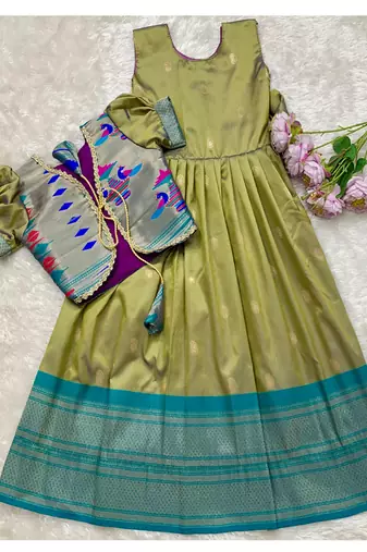 Soft paithani silk zari weaving pavadai for kids gown & koti