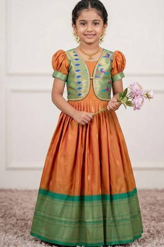 Soft paithani silk zari weaving pavadai for kids gown & koti