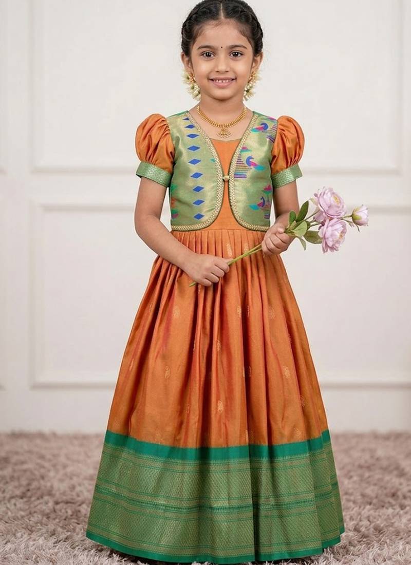 Soft paithani silk zari weaving pavadai for kids gown & koti