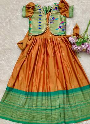Soft paithani silk zari weaving pavadai for kids gown & koti 2
