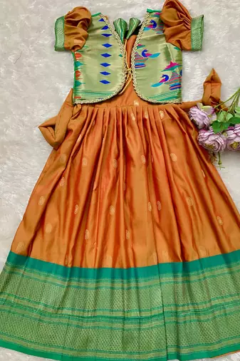 Soft paithani silk zari weaving pavadai for kids gown & koti