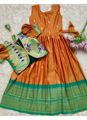 Soft paithani silk zari weaving pavadai for kids gown & koti 3