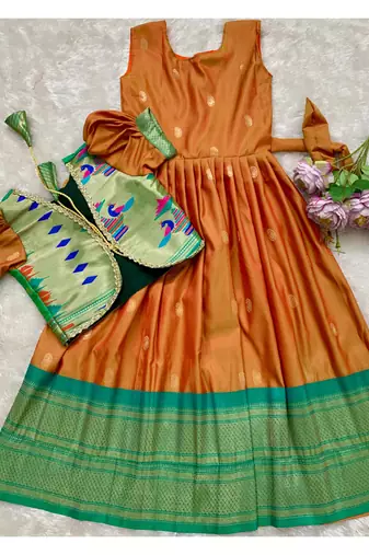 Soft paithani silk zari weaving pavadai for kids gown & koti