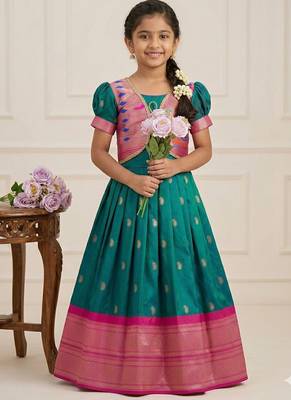 Soft paithani silk zari weaving pavadai for kids gown & koti 1