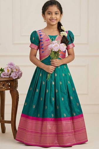 Soft paithani silk zari weaving pavadai for kids gown & koti