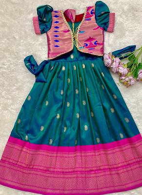 Soft paithani silk zari weaving pavadai for kids gown & koti 2
