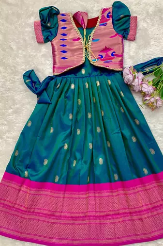 Soft paithani silk zari weaving pavadai for kids gown & koti