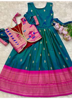 Soft paithani silk zari weaving pavadai for kids gown & koti 3