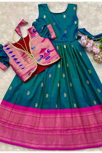 Soft paithani silk zari weaving pavadai for kids gown & koti