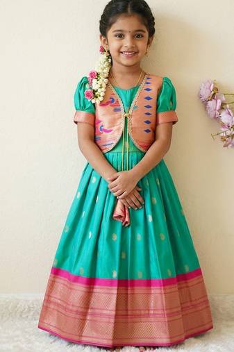 Soft paithani silk zari weaving pavadai for kids gown & koti