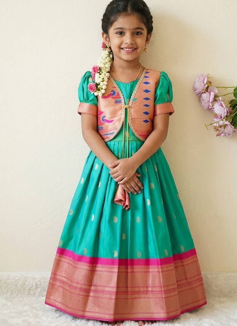 Soft paithani silk zari weaving pavadai for kids gown & koti