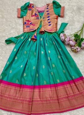 Soft paithani silk zari weaving pavadai for kids gown & koti 2