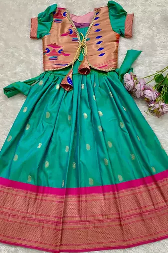 Soft paithani silk zari weaving pavadai for kids gown & koti