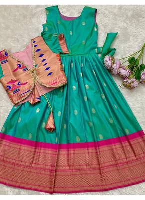 Soft paithani silk zari weaving pavadai for kids gown & koti 3