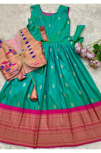 Soft paithani silk zari weaving pavadai for kids gown & koti