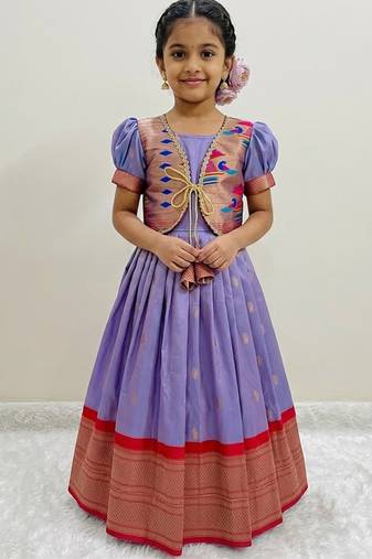 Soft paithani silk zari weaving pavadai for kids gown & koti