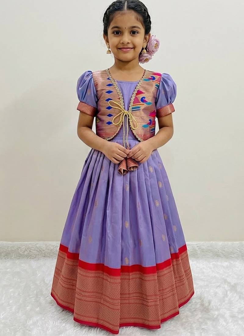 Soft paithani silk zari weaving pavadai for kids gown & koti