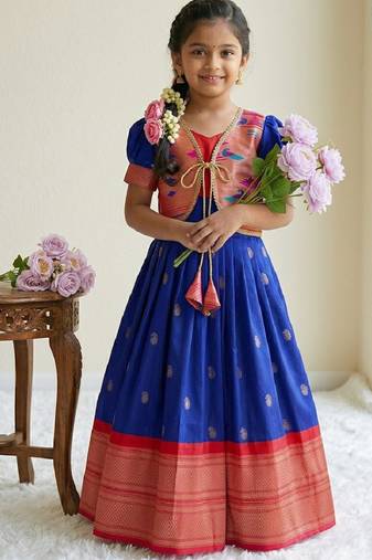 Soft paithani silk zari weaving pavadai for kids gown & koti