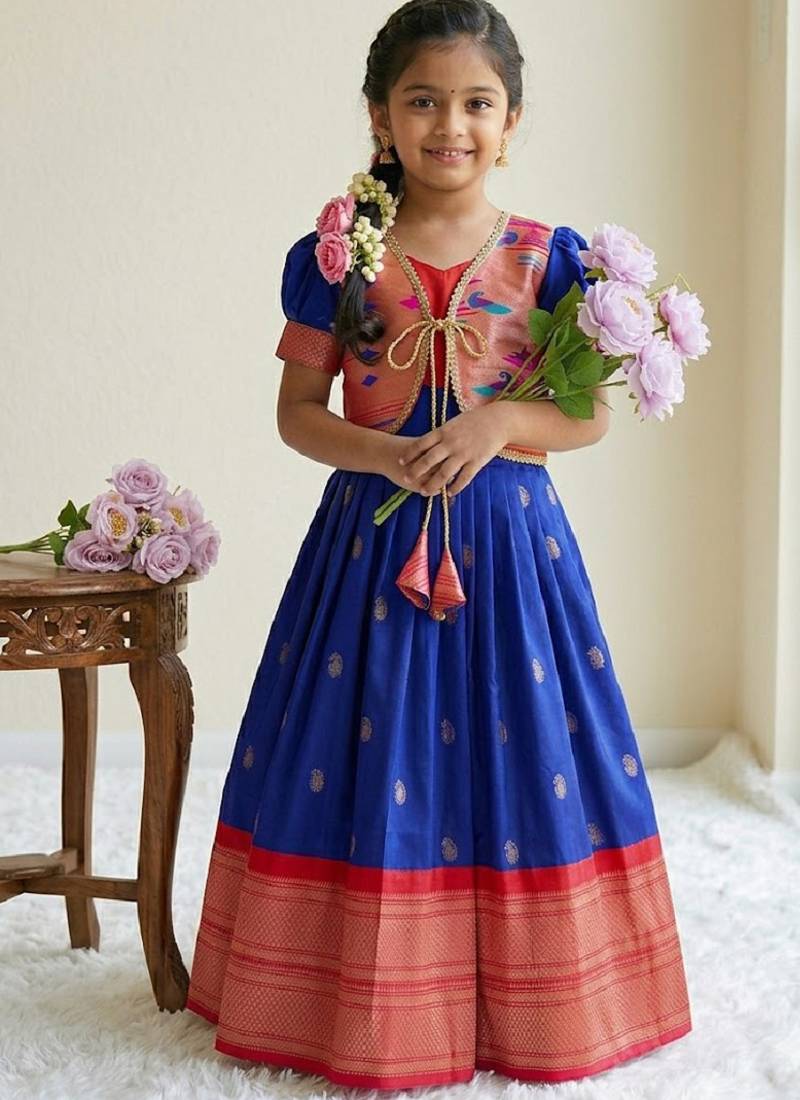 Soft paithani silk zari weaving pavadai for kids gown & koti