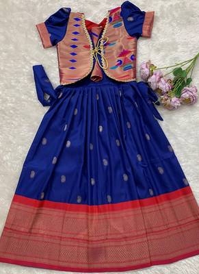 Soft paithani silk zari weaving pavadai for kids gown & koti 2