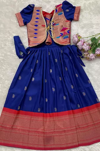 Soft paithani silk zari weaving pavadai for kids gown & koti