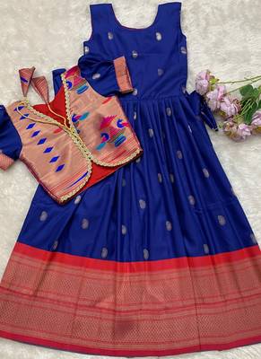 Soft paithani silk zari weaving pavadai for kids gown & koti 3