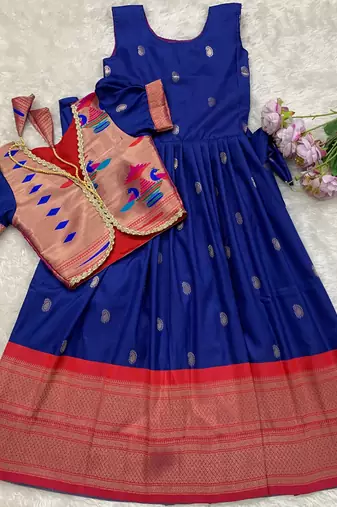 Soft paithani silk zari weaving pavadai for kids gown & koti